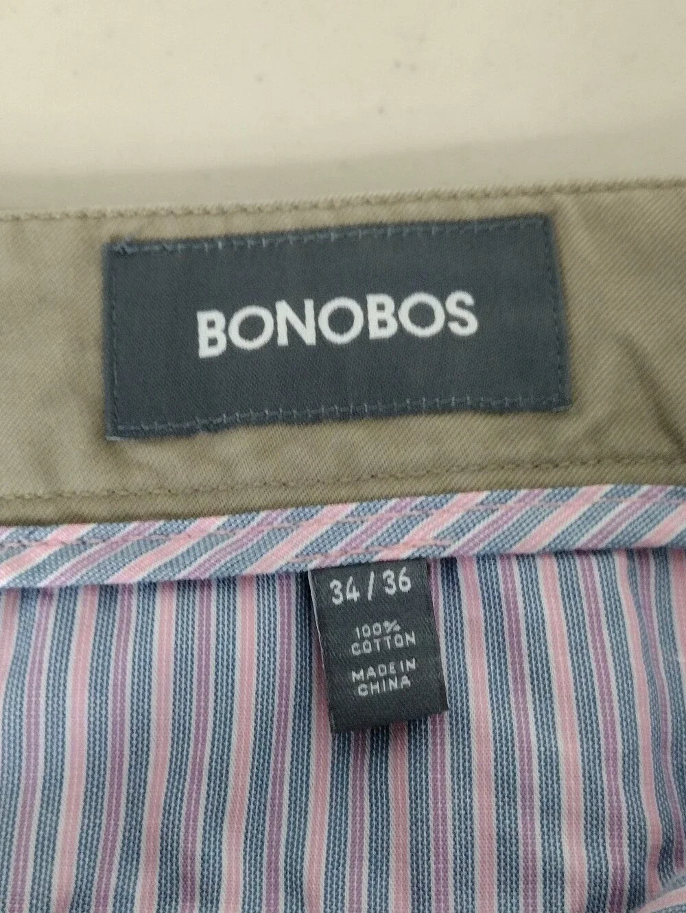 Bonobos Khaki Neutral Straight-Leg Slim Flat Front Chinos Sz 34/36